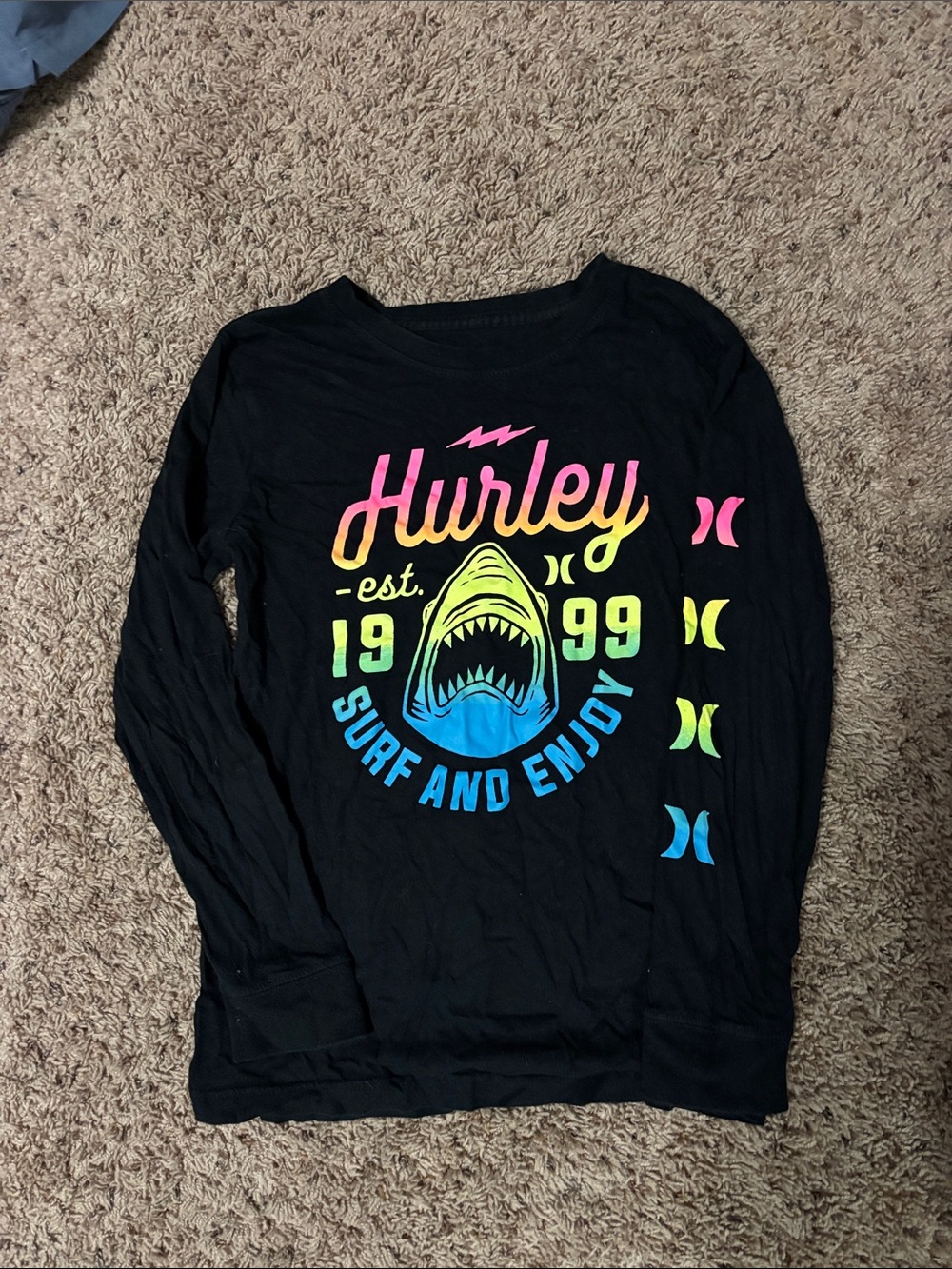Hurley Black Long Sleeve Tee with Neon Pink Yellow Blue Graphic